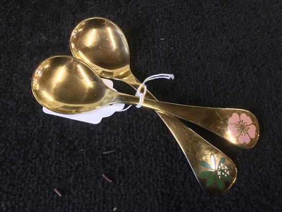 2 Georg Jensen silver gilt spoons, enamel flower decanter